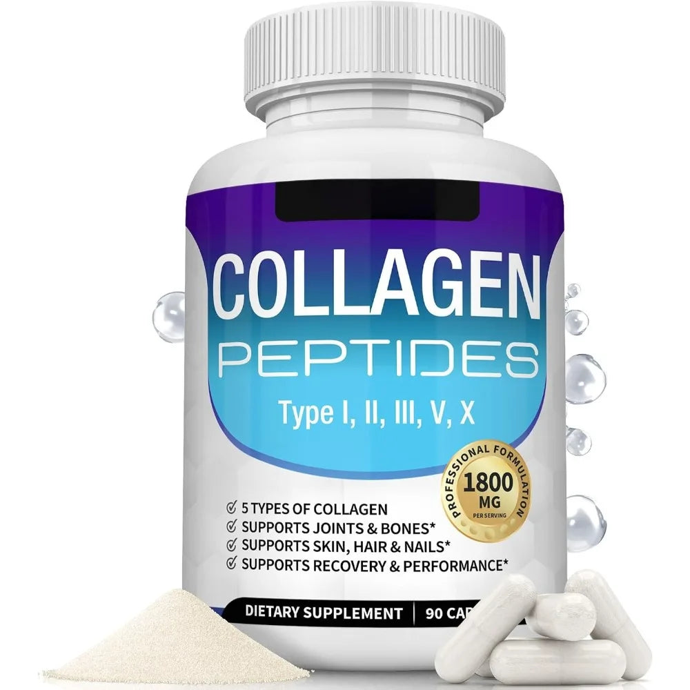 Collagen Peptides Capsules with 5 Types of Collagen for Joints, Bones, Skin, Hair & Nails Wellness Support, Adults, 90 Capsules