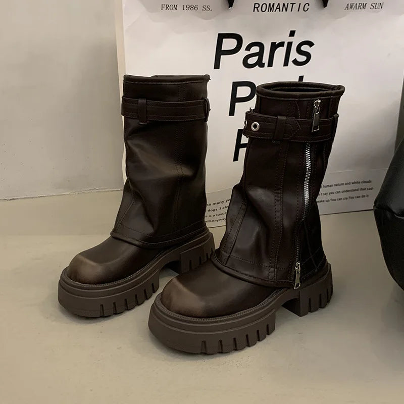Winter Women Biker Boots Fashion Belt Buckle Ladies Elegant Platform Flats Short Booties Casual Women's Knight Booties 2026 New