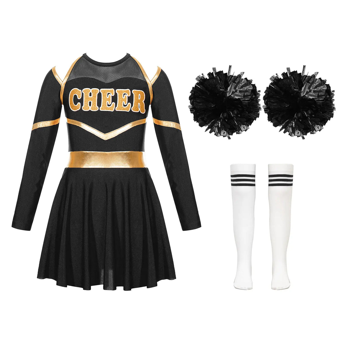 Kids Girls Cheerleading Cheer Dance Costume Cheerleader Dancing Outfits Long Sleeve Dress with Flower Balls Socks Halloween Sets