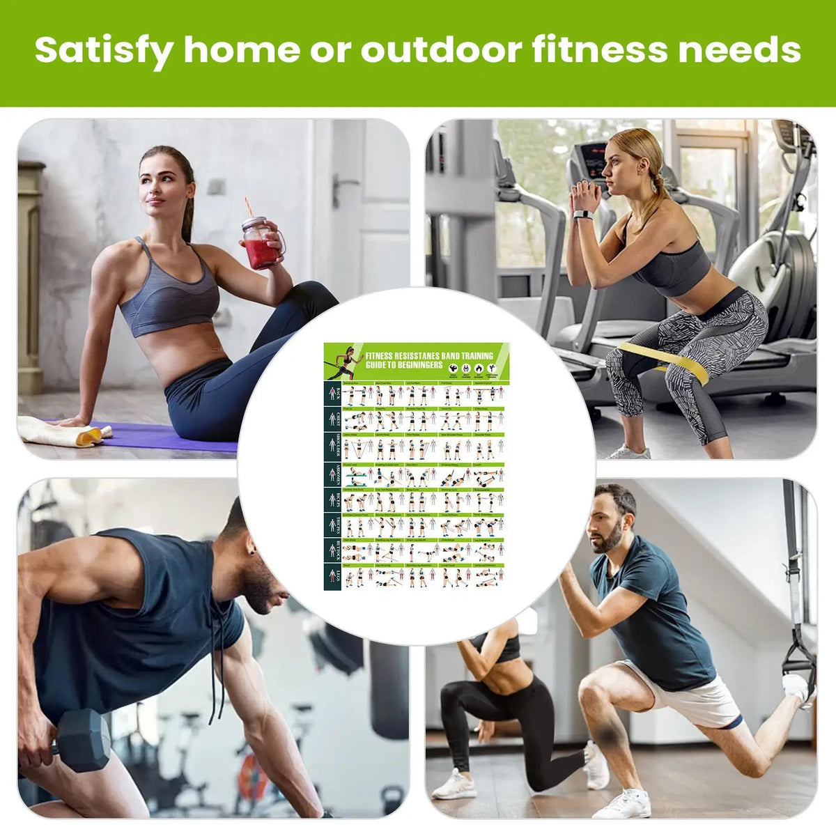 Workout Posters with Resistance Bands Guide Planner for Home Gym Muscle Building Stretching Yoga Exercise Training Wall Chart