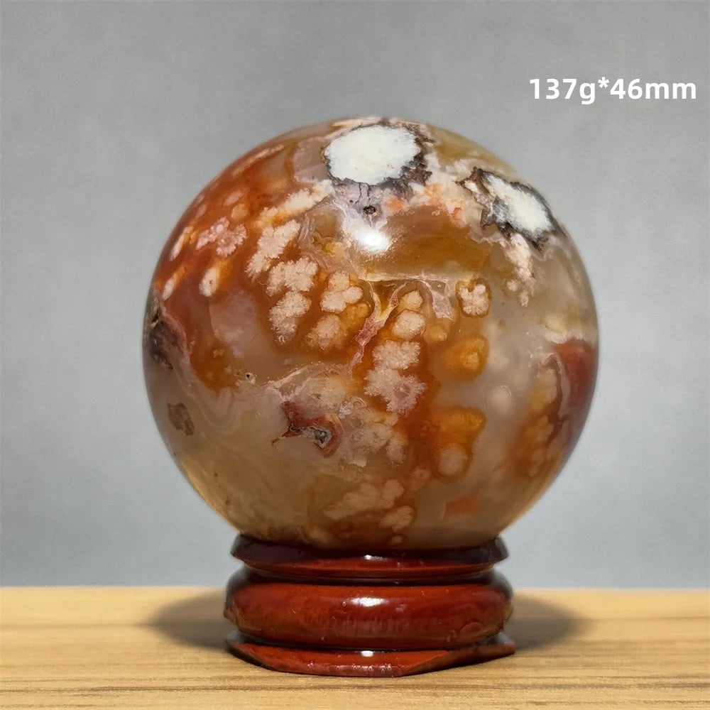 Red Cherry Blossom Agate Ball Natural Mineral Gem Aura Spiritual Meditation Massage Energy Divination Home Decoration Gift+Base