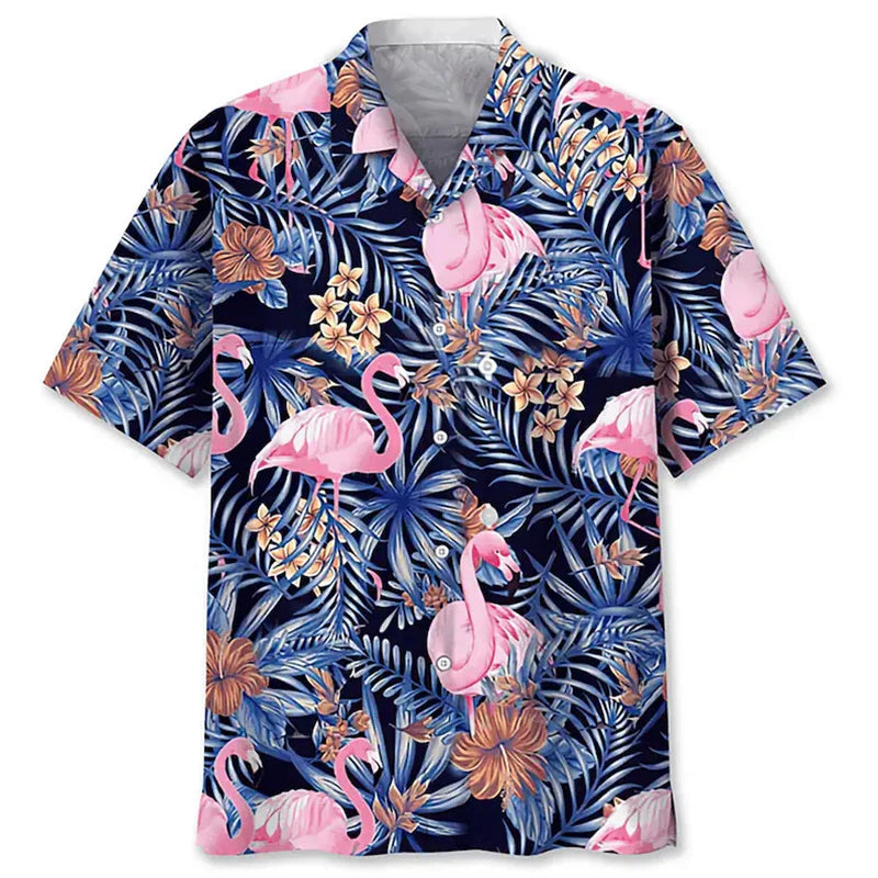 Anime Cartoon Flamingo Funny Shirt For Men Retro Plant 3D Print Leisure Quickly Dry Button Shirts Summer Street Popular Blouse