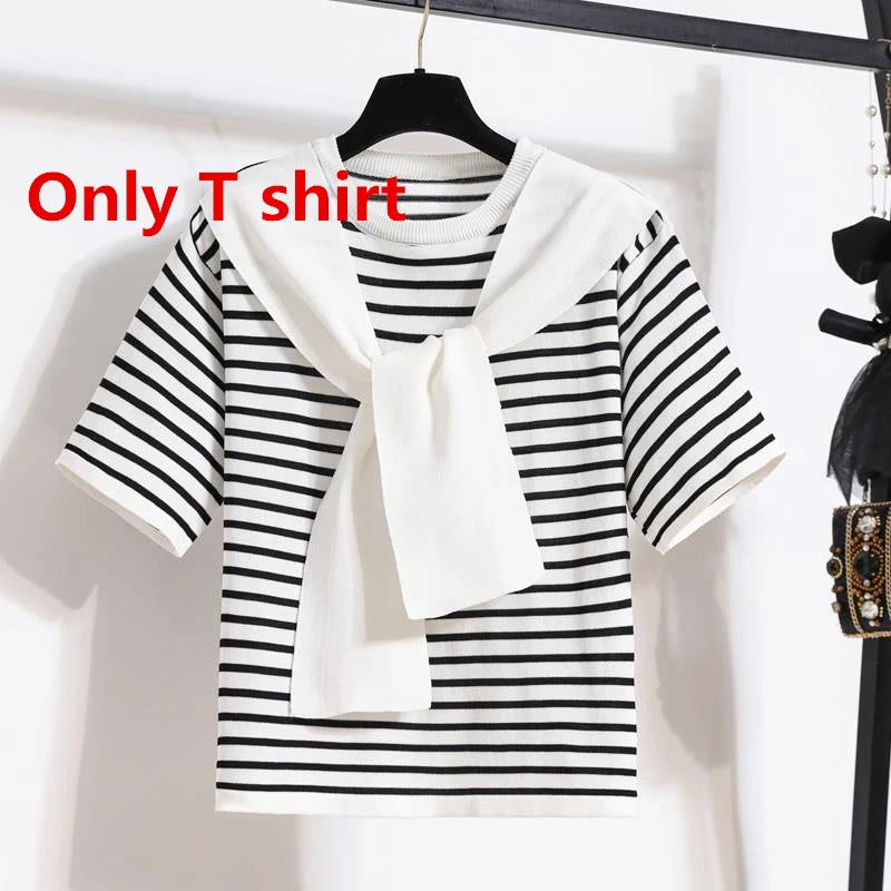 Women Casual Stripe Shawl T Shirt Skirts Two Piece Set 2025 Summer Student Fashion Tops Denim A-Line Skirt Outfits Lady Clothes
