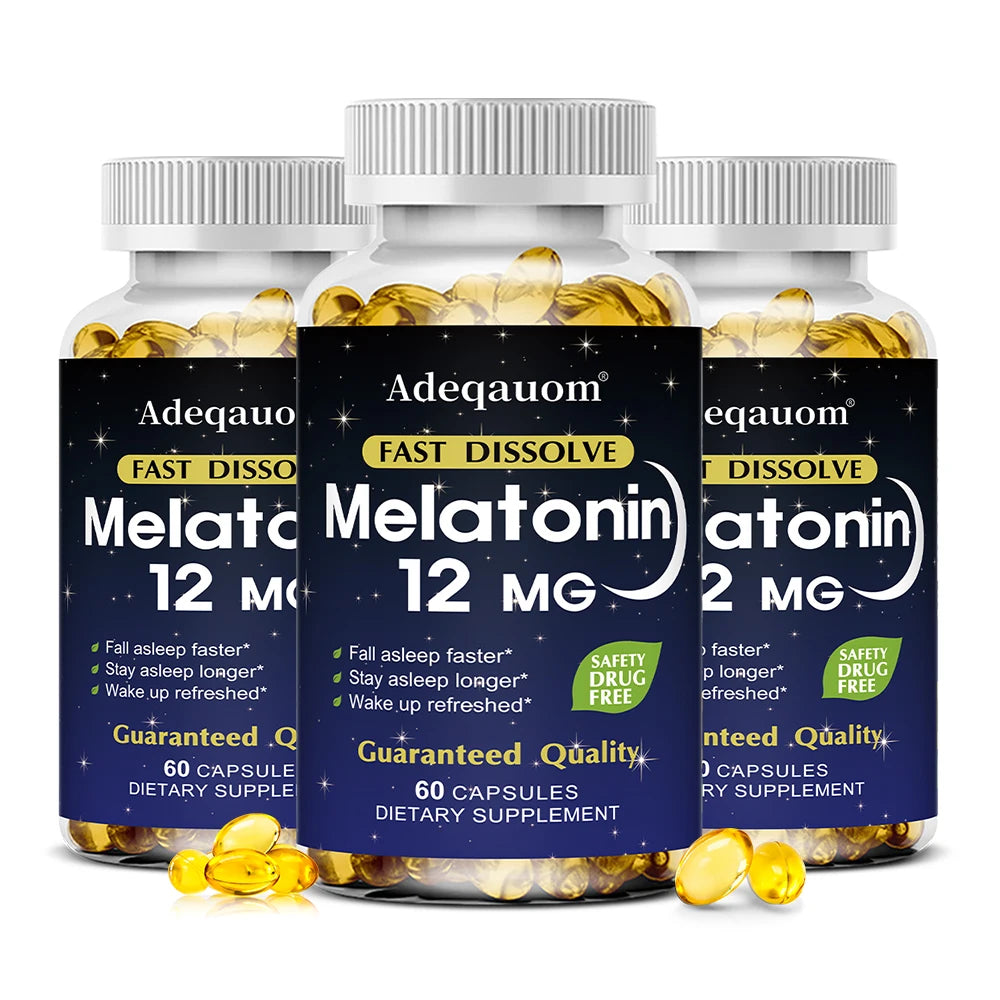 Melatonin 12mg Capsules - Adult Sleep Aid, Promotes Deep Sleep, Stress Relief, Jet Lag Adjust and Improves Immunity, Non-GMO