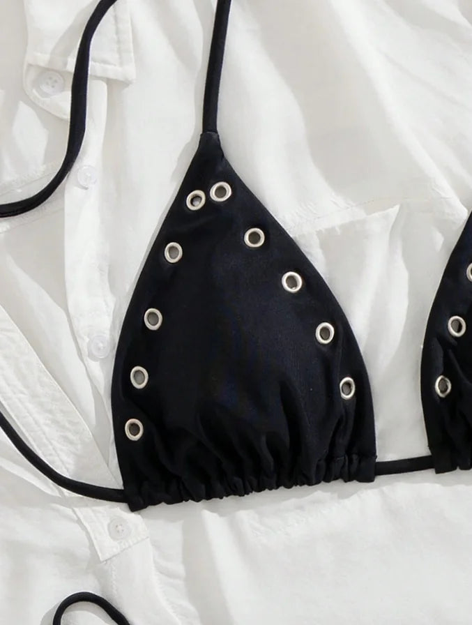 Attractive Sexy Black Rivet Tie Bikini Women's Separate Beach Swimming Suit Set Triangular Design with Chest Pad No Steel Sup...