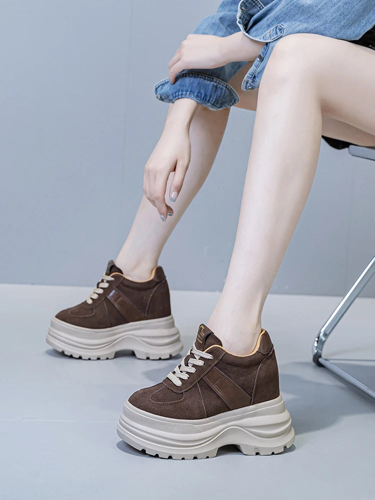 Fujin Chunky Platform Sneakers for Fall Spring 5 Inch Heel Height Genuine Leather Suede Elevator Shoes for Petite Women New