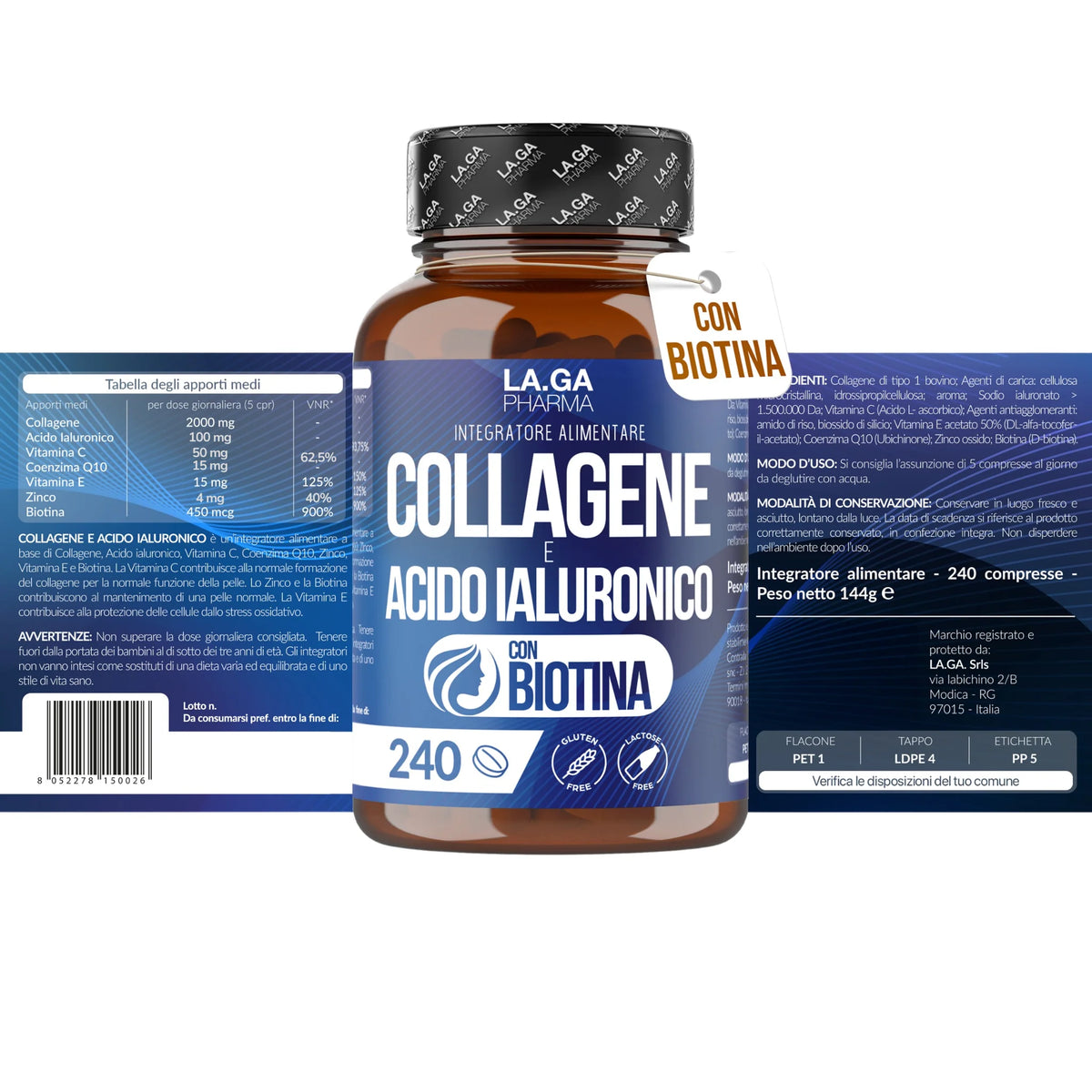Collagen and Hyaluronic Acid with BIOTIN for Hair, Skin, Nails and Joints. Hydrolyzed Collagen 240 tablets 2000 MG with Zinc, CoQ10 and Vit. C + E for Bones and Strong Tents. Made in Italy | LAGA Pharma. LAGA Healthy. LA.GA |