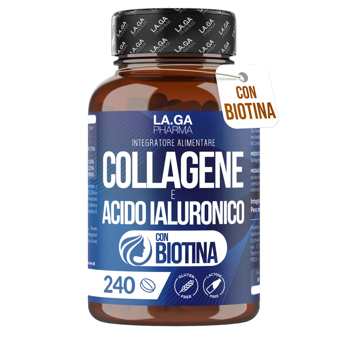 Collagen and Hyaluronic Acid with BIOTIN for Hair, Skin, Nails and Joints. Hydrolyzed Collagen 240 tablets 2000 MG with Zinc, CoQ10 and Vit. C + E for Bones and Strong Tents. Made in Italy | LAGA Pharma. LAGA Healthy. LA.GA |