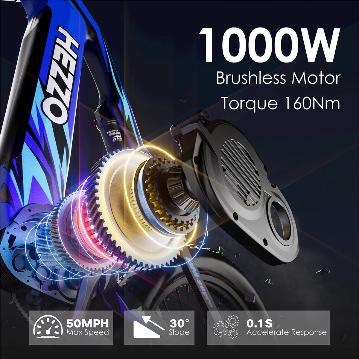 HEZZO K9 Carbon Ebike 52V 1000W Central Motor Electric Fat/Snow Bike 21Ah Lithium Battery 70km/h 160NM 26Inch 9-Speed Full