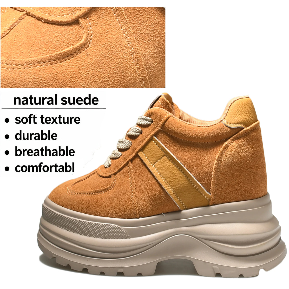 Fujin  Chunky Platform Sneakers for Fall Spring 5 Inch Heel Height Genuine Leather Suede Elevator Shoes for Petite Women New