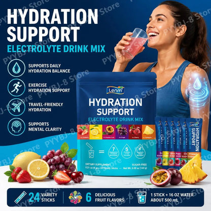 Lenm Electrolyte Drink Mix Powder with 7 Electrolytes and 5 Vitamins, Sugar-Free Vegan Travel Hydration Support 24 Sticks