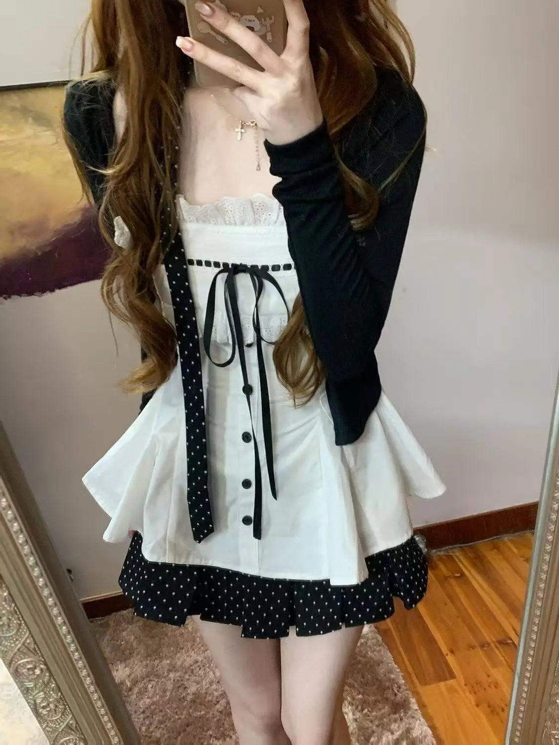 Korea Chic Patchwork Design Party Sets Loose Cardigan Jacket + Lace Bow Camisole Top + Mini Skirt Sweet Three-piece Set Women