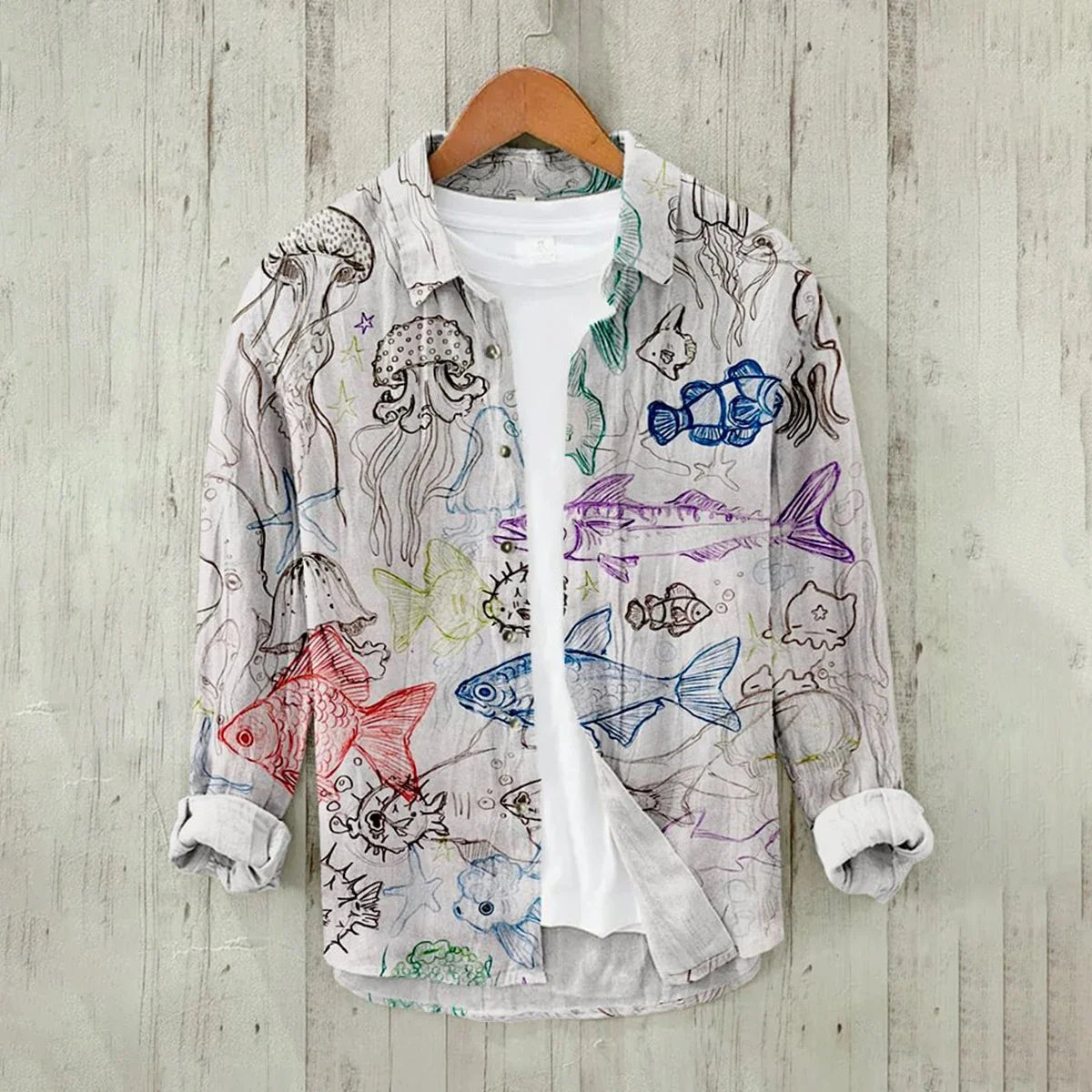 Men's Long-sleeved Linen Shirt Casual And Comfortable Printed Sea Octopus Turtle Series Pattern Hawaiian Comfortable Large Size