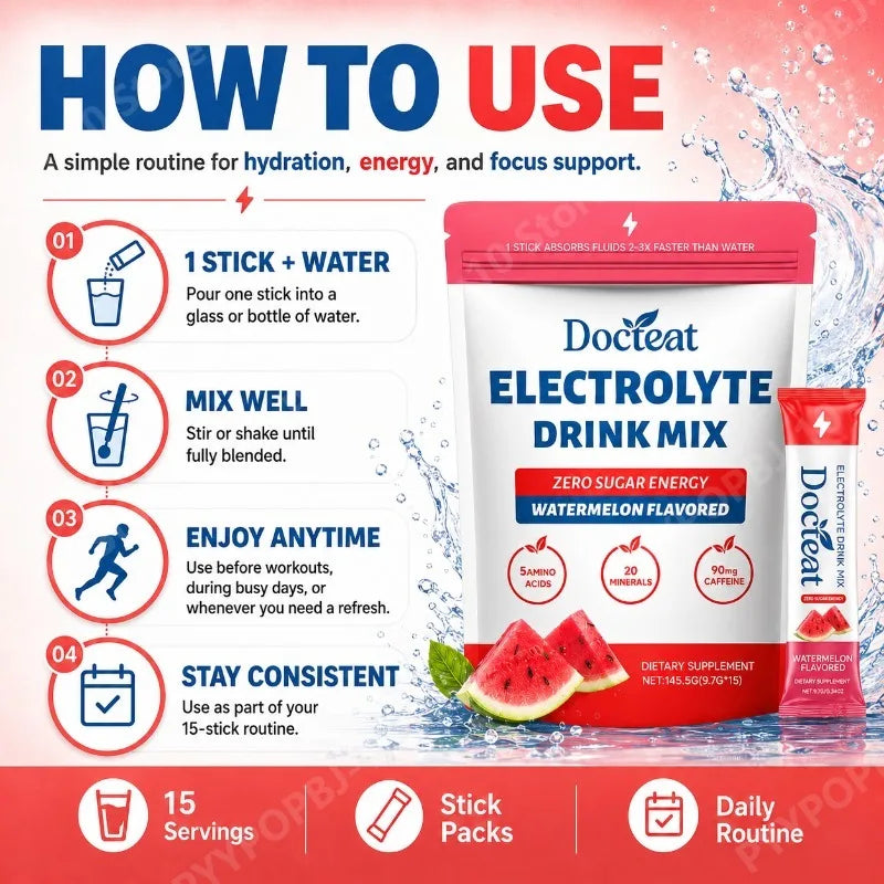 Electrolyte Drink Mix Zero Sugar Hydration Energy Support with Electrolytes Amino Acids Watermelon Flavor 15 Sticks