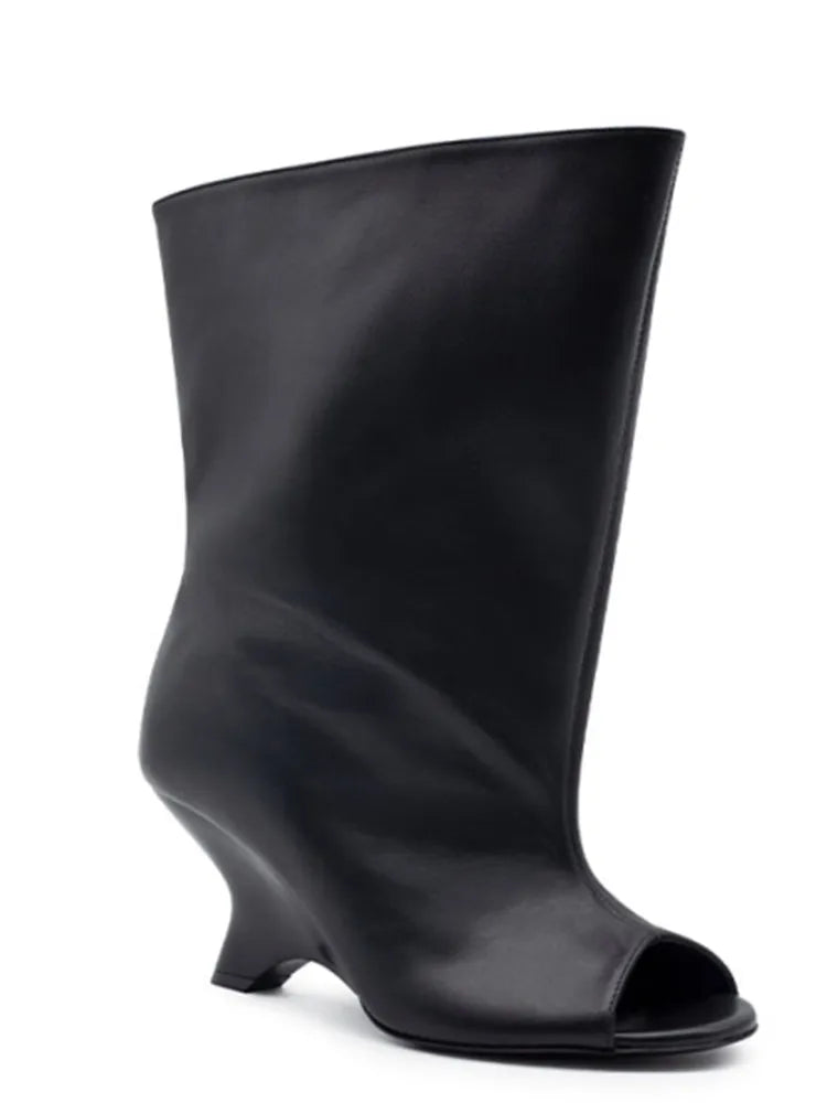 2026Women's Fish Mouth Thick High Heels Knee Length Cool Boots Slant Heel Fashion Show Large Size Spring/Summer Women's Boots