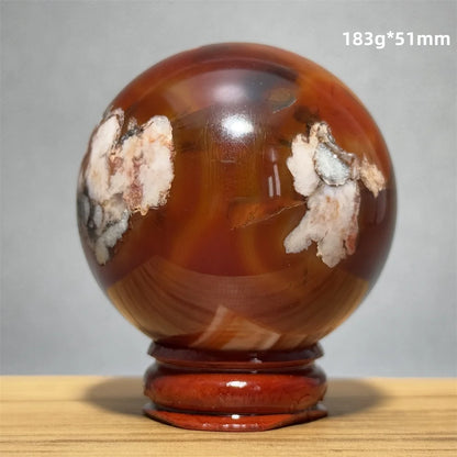 Red Cherry Blossom Agate Ball Natural Mineral Gem Aura Spiritual Meditation Massage Energy Divination Home Decoration Gift+Base