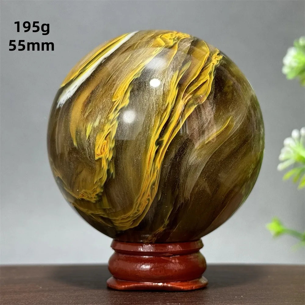 Energy Tiger Skin Smelting Stone Crystal Ball Aura Meditation Witchcraft Prayer Wealth Home Decoration Holiday Gift + Base