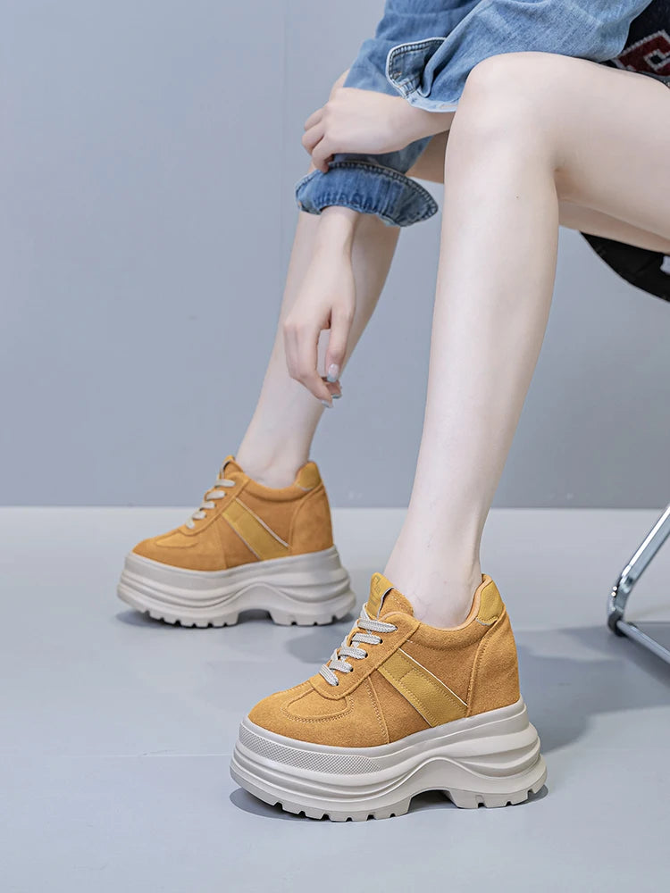 Fujin  Chunky Platform Sneakers for Fall Spring 5 Inch Heel Height Genuine Leather Suede Elevator Shoes for Petite Women New