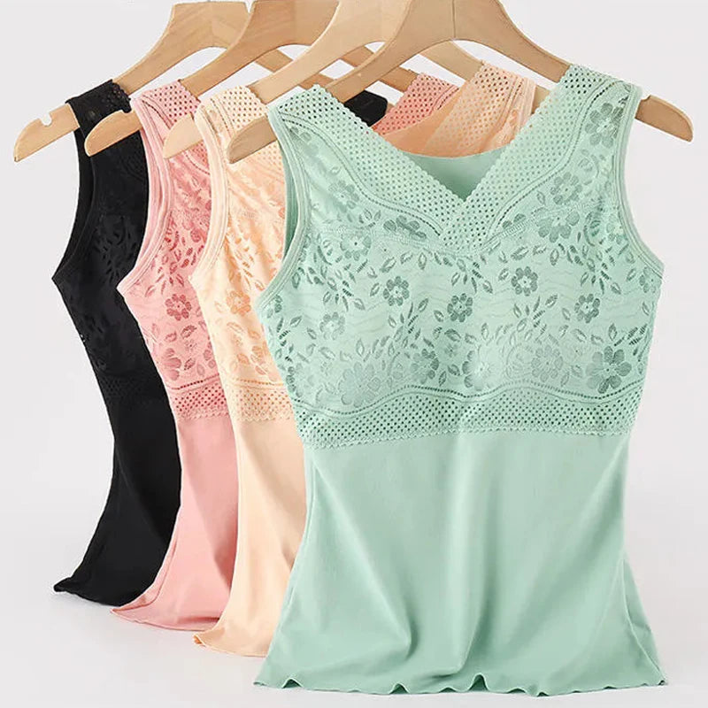 Winter Women Warm Thermal Tank Tops With Bra Padded Soft Thick Fleece Undershirt Stretch Velvet Thermal Vest Singlet Underwear