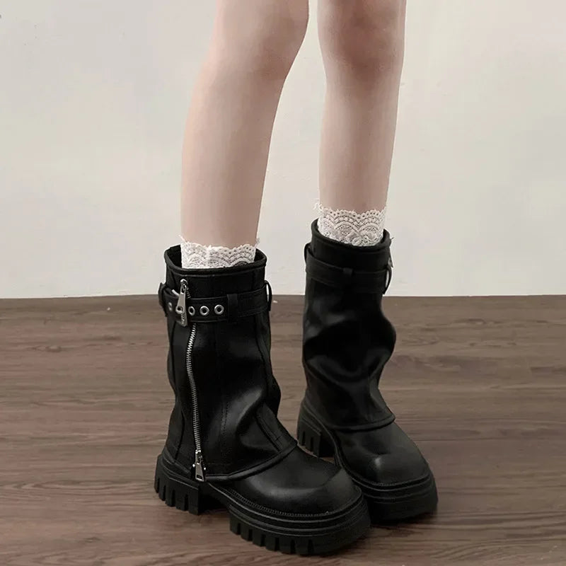 Winter Women Biker Boots Fashion Belt Buckle Ladies Elegant Platform Flats Short Booties Casual Women's Knight Booties 2026 New