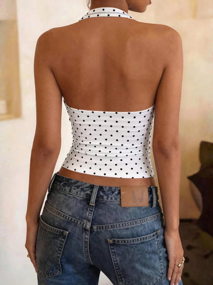 Hugcitar Polka Dot Print Halter Square Collar Backless Sexy Crop Tank Top Summer Women Fashion Outfit Birthday Party Holiday