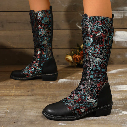 Women's Boots for Winter New Best-selling Bohemian Embroidered Zipper Boots Large Size Folk Style Color-blocking Western Boots
