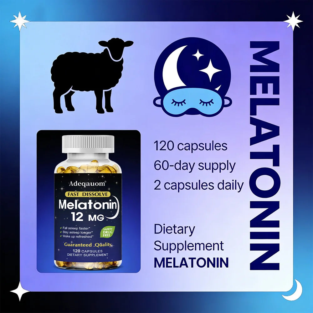 Melatonin 12mg Capsules - Adult Sleep Aid, Promotes Deep Sleep, Stress Relief, Jet Lag Adjust and Improves Immunity, Non-GMO