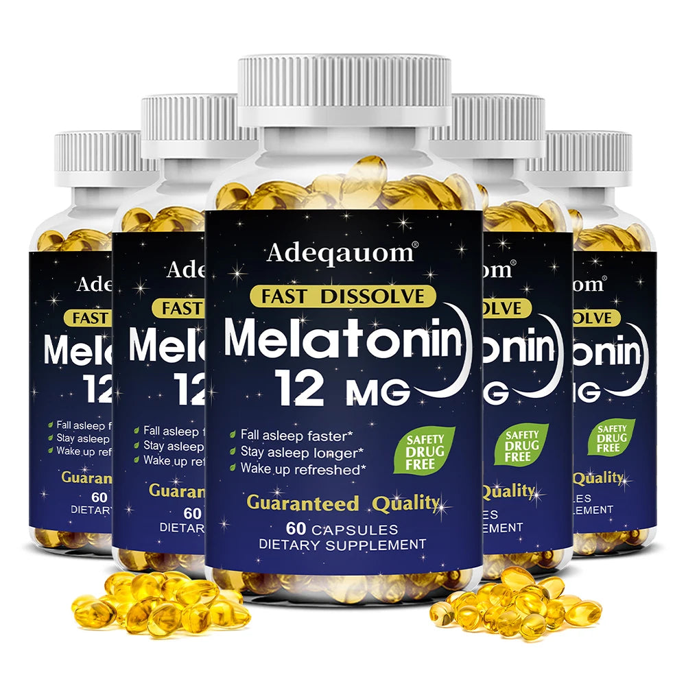 Melatonin 12mg Capsules - Adult Sleep Aid, Promotes Deep Sleep, Stress Relief, Jet Lag Adjust and Improves Immunity, Non-GMO
