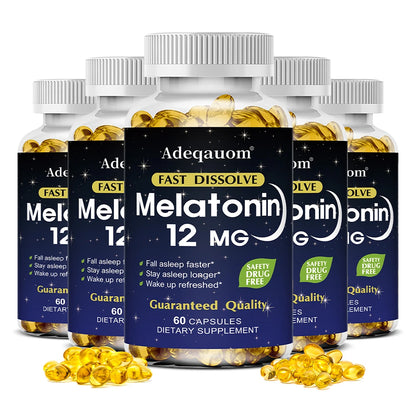 Melatonin 12mg Capsules - Adult Sleep Aid, Promotes Deep Sleep, Stress Relief, Jet Lag Adjust and Improves Immunity, Non-GMO