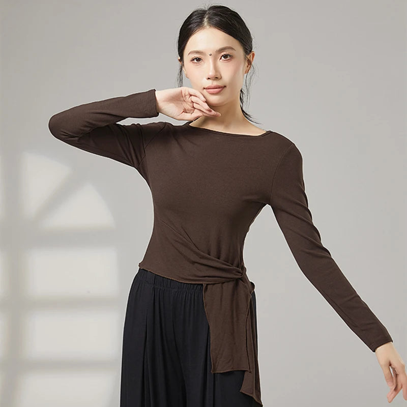 Women Modern Dance Practice Clothes Top Long Sleeve Shirt Hem Bandage Elegant Slim Adult Performance Latin Competition Dancewear
