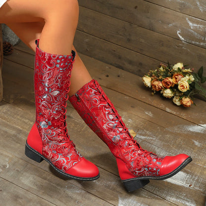 Women's Boots for Winter New Best-selling Bohemian Embroidered Zipper Boots Large Size Folk Style Color-blocking Western Boots