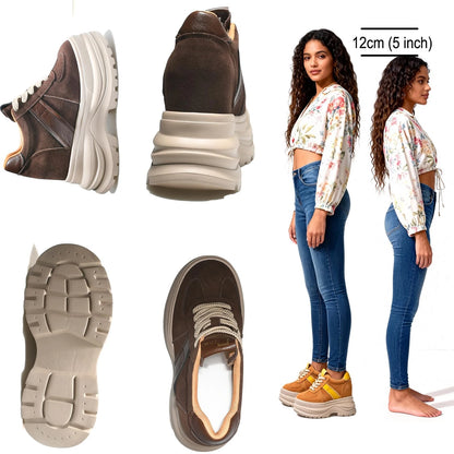 Fujin  Chunky Platform Sneakers for Fall Spring 5 Inch Heel Height Genuine Leather Suede Elevator Shoes for Petite Women New