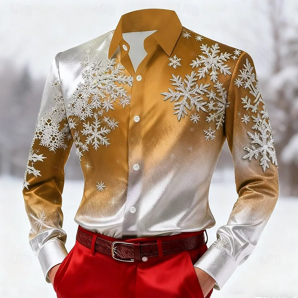 Christmas style men's long sleeved shirt, colorful snowflake 3D printed men's clothing, outdoor fashion top