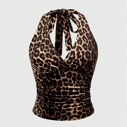 Retro Leopard Print Backless Fashion Sleeveless Summer Women's Casual Halterneck Vest Sexy Backless Lace-up Top Ropa Para Mujer
