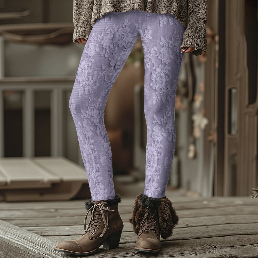 Fashion Women's Slim-Fit Leggings Wine Red Floral Pants Autumn Winter Stylish Thick Warm Pants Sexy Tights for Outdoor Wear