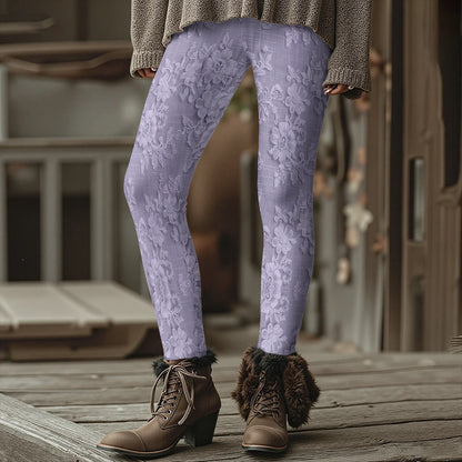 Fashion Women's Slim-Fit Leggings Wine Red Floral Pants Autumn Winter Stylish Thick Warm Pants Sexy Tights for Outdoor Wear