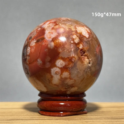Red Cherry Blossom Agate Ball Natural Mineral Gem Aura Spiritual Meditation Massage Energy Divination Home Decoration Gift+Base