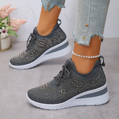 Sneakers Fall New Fashion  Round Toe Rhinestone Mesh Lace-Up Front Platform Non-Slip Wear-Resistant Wedge