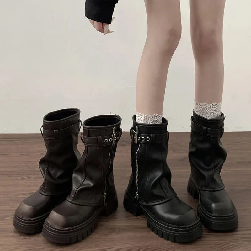 Winter Women Biker Boots Fashion Belt Buckle Ladies Elegant Platform Flats Short Booties Casual Women's Knight Booties 2026 New