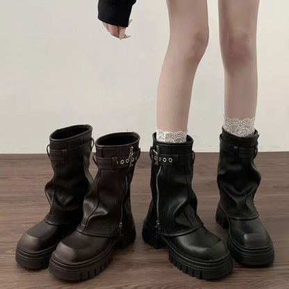 Winter Women Biker Boots Fashion Belt Buckle Ladies Elegant Platform Flats Short Booties Casual Women's Knight Booties 2026 New