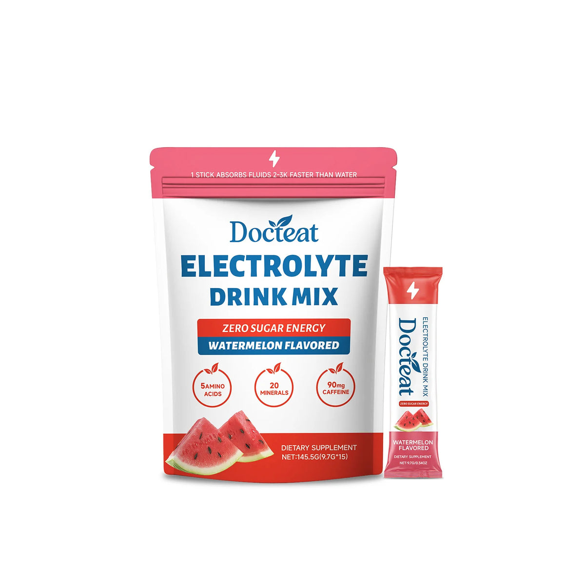 Electrolyte Drink Mix Zero Sugar Hydration Energy Support with Electrolytes Amino Acids Watermelon Flavor 15 Sticks