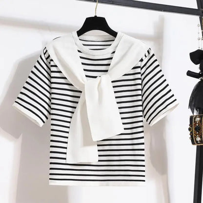 Women Casual Stripe Shawl T Shirt Skirts Two Piece Set 2025 Summer Student Fashion Tops Denim A-Line Skirt Outfits Lady Clothes