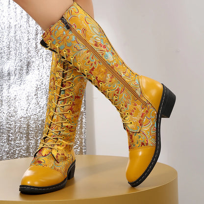 Women's Boots for Winter New Best-selling Bohemian Embroidered Zipper Boots Large Size Folk Style Color-blocking Western Boots