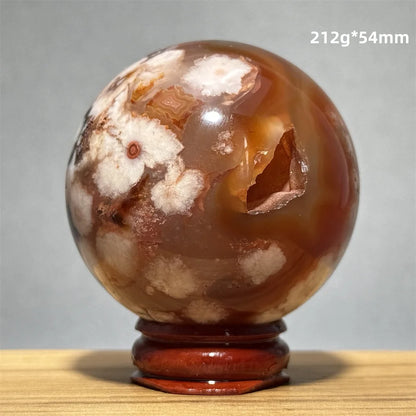 Red Cherry Blossom Agate Ball Natural Mineral Gem Aura Spiritual Meditation Massage Energy Divination Home Decoration Gift+Base