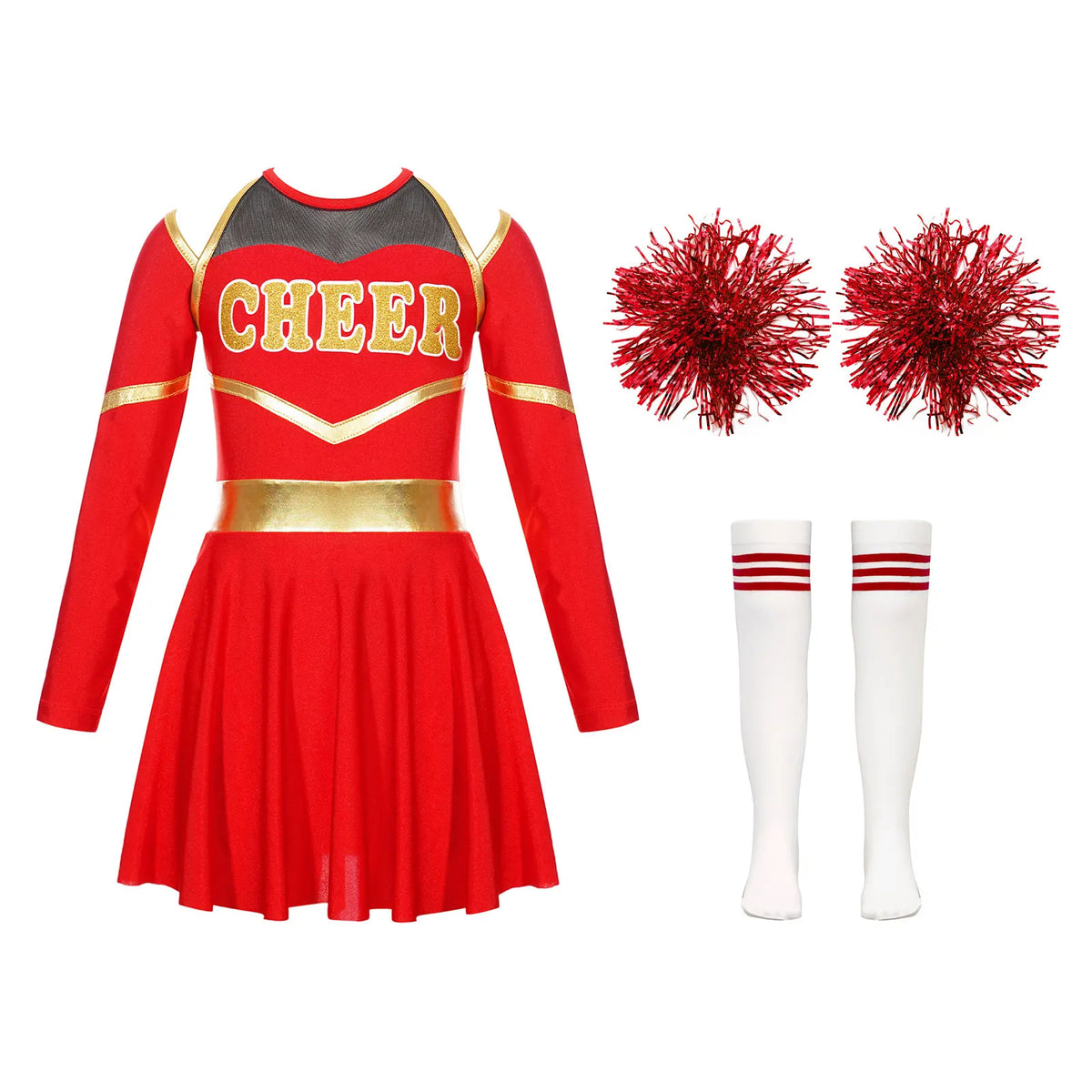 Kids Girls Cheerleading Cheer Dance Costume Cheerleader Dancing Outfits Long Sleeve Dress with Flower Balls Socks Halloween Sets