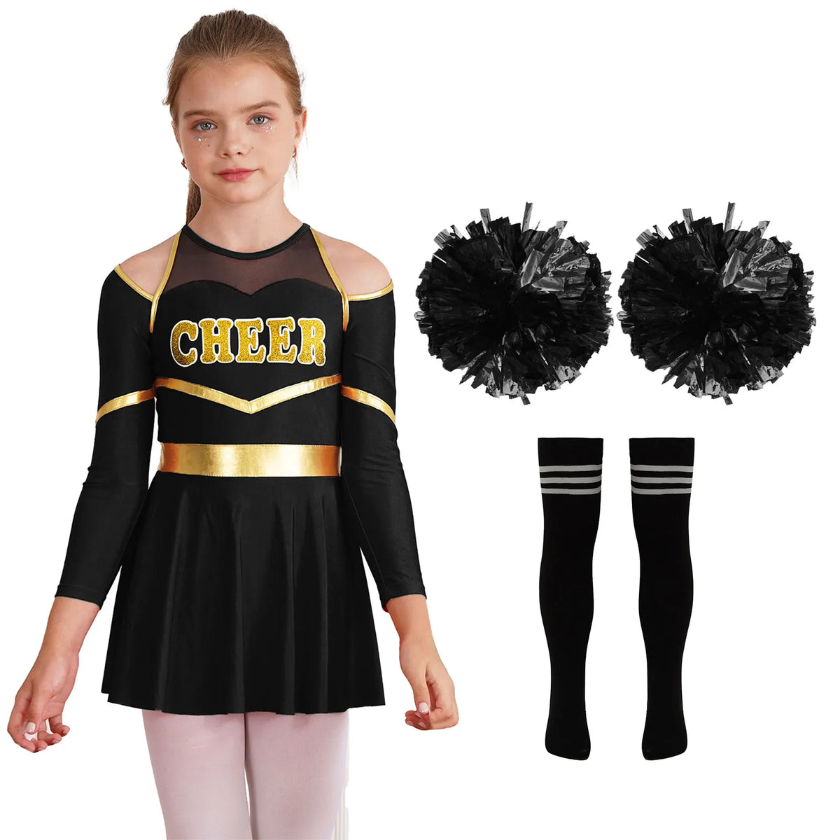 Kids Girls Cheerleading Cheer Dance Costume Cheerleader Dancing Outfits Long Sleeve Dress with Flower Balls Socks Halloween Sets