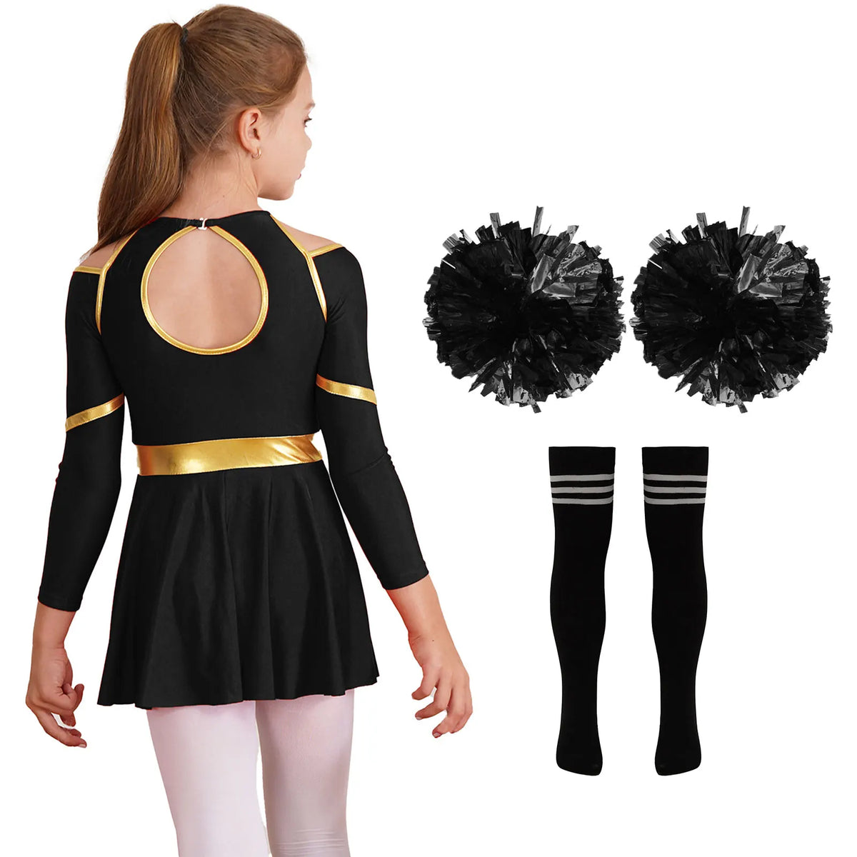 Kids Girls Cheerleading Cheer Dance Costume Cheerleader Dancing Outfits Long Sleeve Dress with Flower Balls Socks Halloween Sets