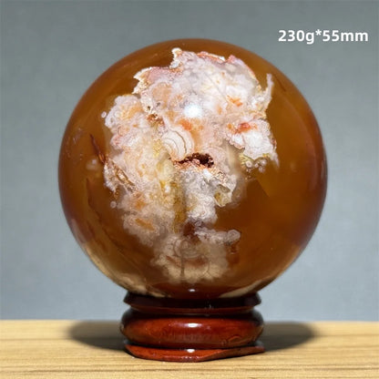 Red Cherry Blossom Agate Ball Natural Mineral Gem Aura Spiritual Meditation Massage Energy Divination Home Decoration Gift+Base