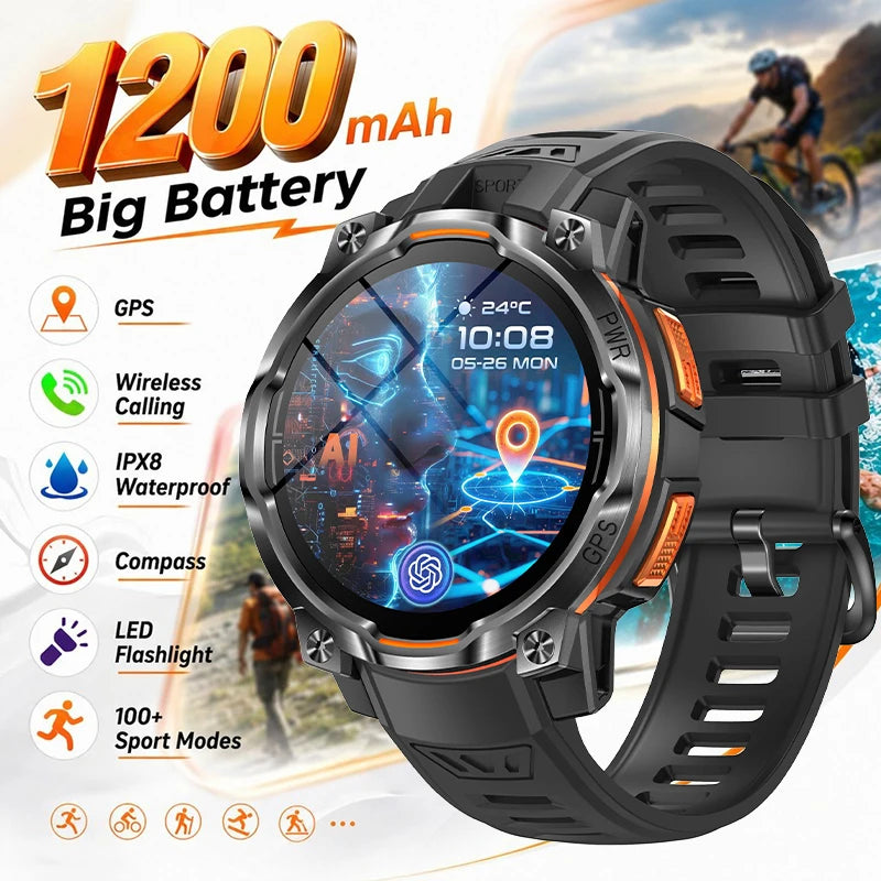 New smart sports watch, 1200mAh large capacity battery, GPS tracking, IPX8 waterproof, wireless communication, altimeter compass
