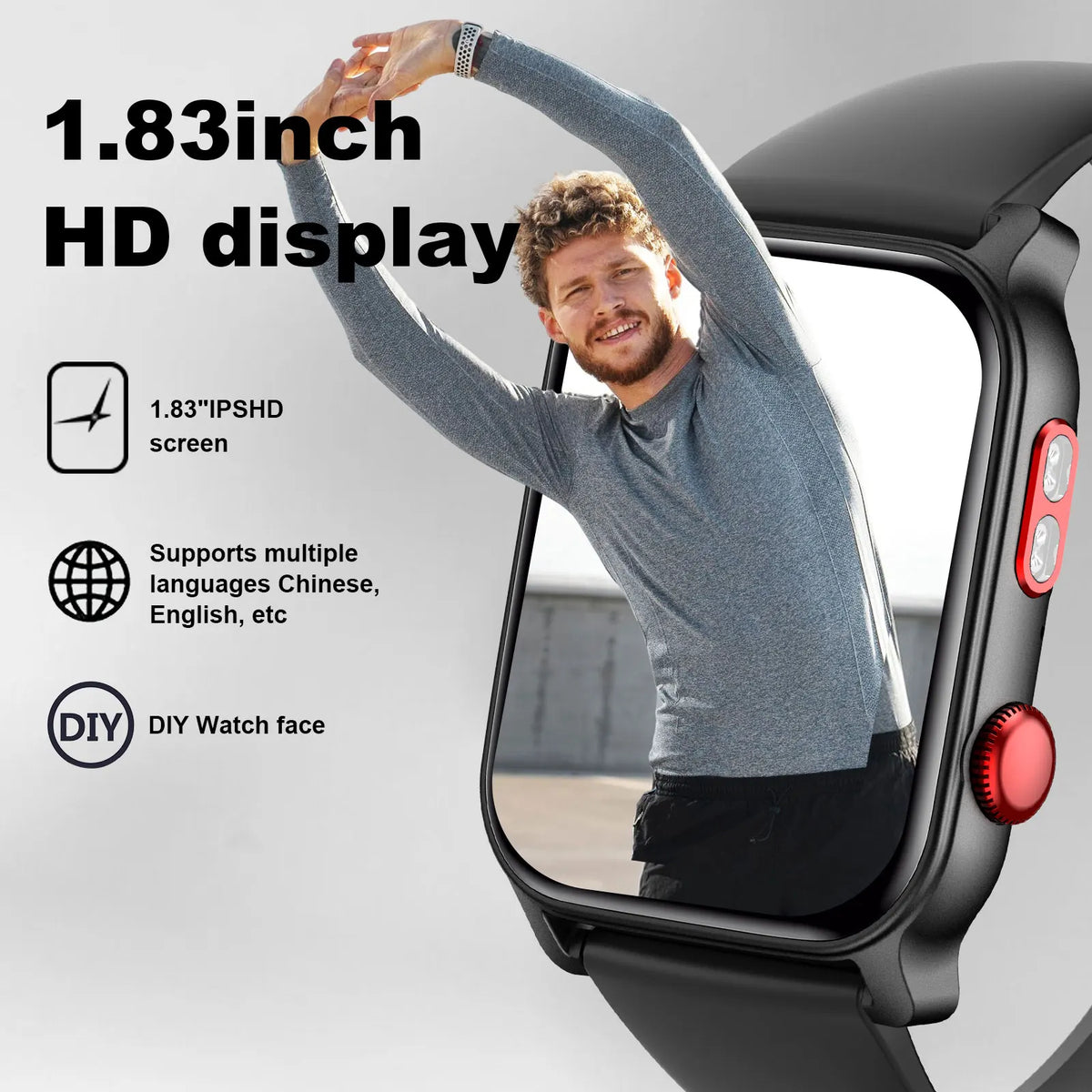 Smart Watch for Men 1.83 inch Screen 100+ Sports Modes Wireless Call Flashlight IP68 Waterproof Sleep Monitoring Sport Smartwat